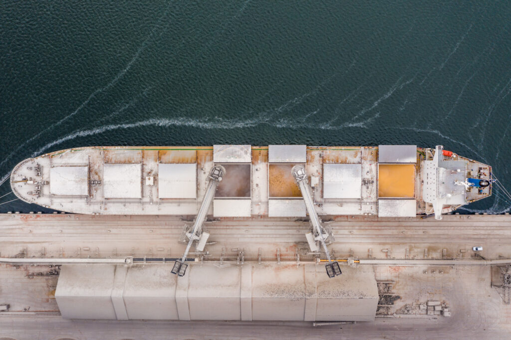 Bulk carrier loading sugar and grains at export terminal port