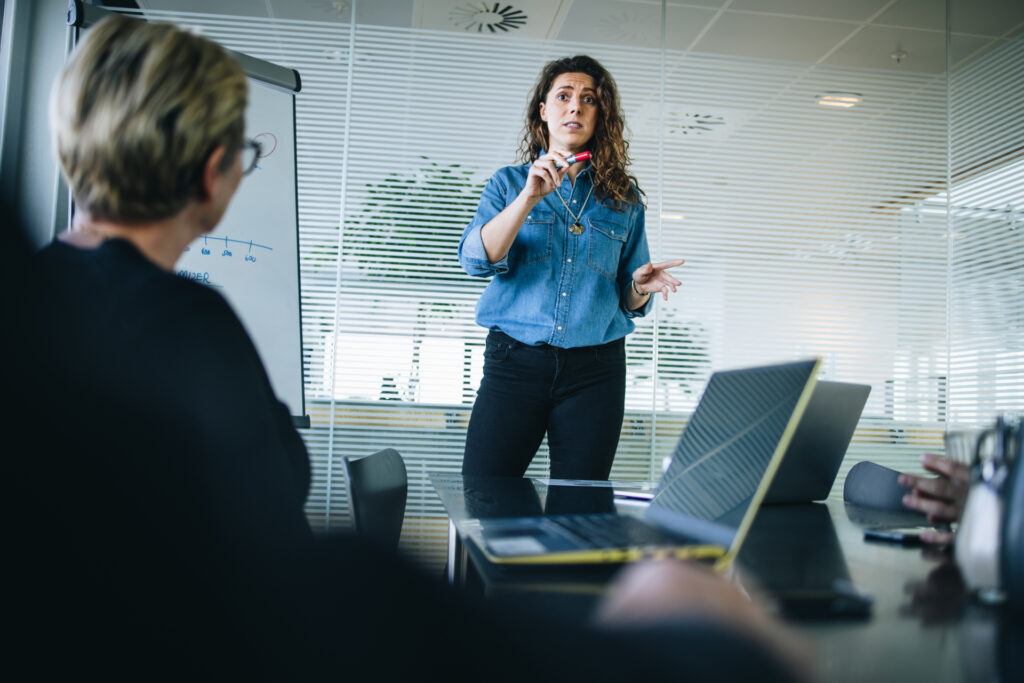 Business consultant presenting strategy to team during executive meeting – Fasana